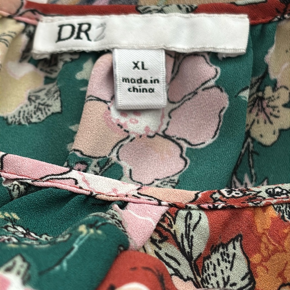 🌿 DR2 Daniel Rainn Floral Boho Tunic Blouse XL Green Flowy Tassel Top - Picture 11 of 12
